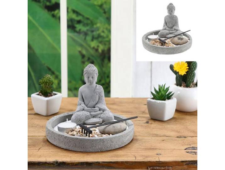 Zen-Garten-Set mit Teelichthalter und Buddha-Figur, 7-teilig, rund