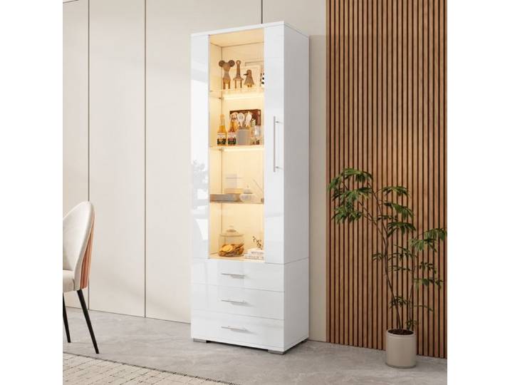 Vitrine Blanche Brillante en Verre avec LED Meuble Vitrine 3 Tiroirs 60x35x180cm