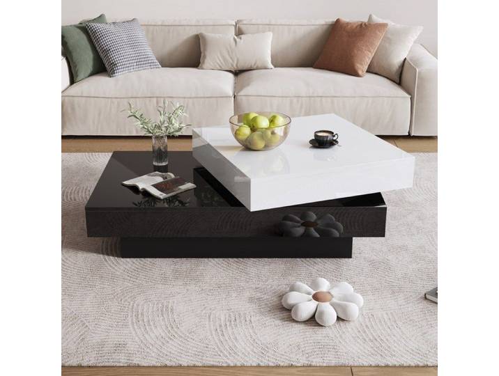 Table basse brillant rotative 103x60x35cm Table basse salon moderne en bois avec Plateau rotatif - Blanc et noir