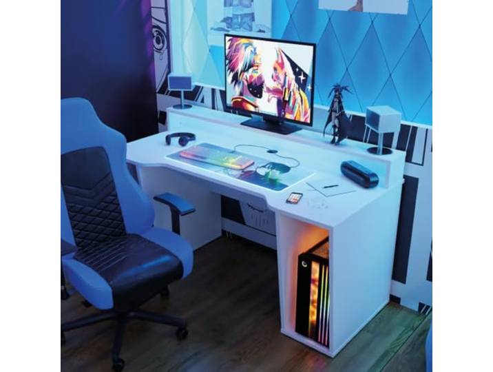 Forte TEZAUR Computertisch Gaming Desk mit LED Beleuchtung, Holzwerkstoff, Weiß, B x H x T: 160 x 91 x 72 cm