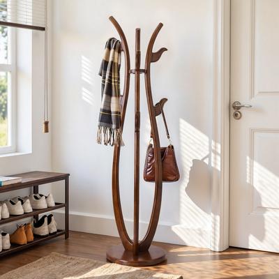 Lucky Monet "S-shaped Creative Freestanding Coat Rack Solid Wood Coat Tree with Hooks - 74.8""H x 16.5""Dia (base)"