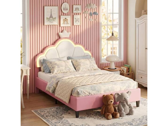 Lit enfant double 140x200 cm Lit fille avec LED Lit princesse fille avec forme de pétale et couronne rose Velours rose