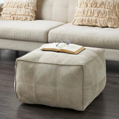 ARCILLA ELEMENTAL Gray Leather Low Profile Square Pouf with Patchwork Design