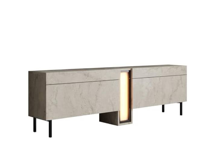 Hanah Home Moderner TV-Ständer mit LED-Beleuchtung, Travertin-Optik, 180 cm 100% melaminbeschichtet, Metallbeine, RGB-Fernbedienung Stilvolles und funktionales Design