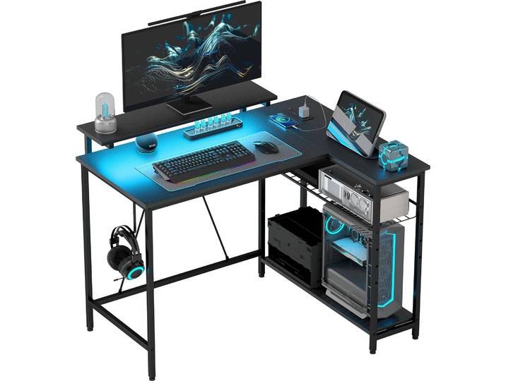 HOMCOM Schreibtisch L Form mit LED, Steckdosen, USB, Regal, Monitorständer