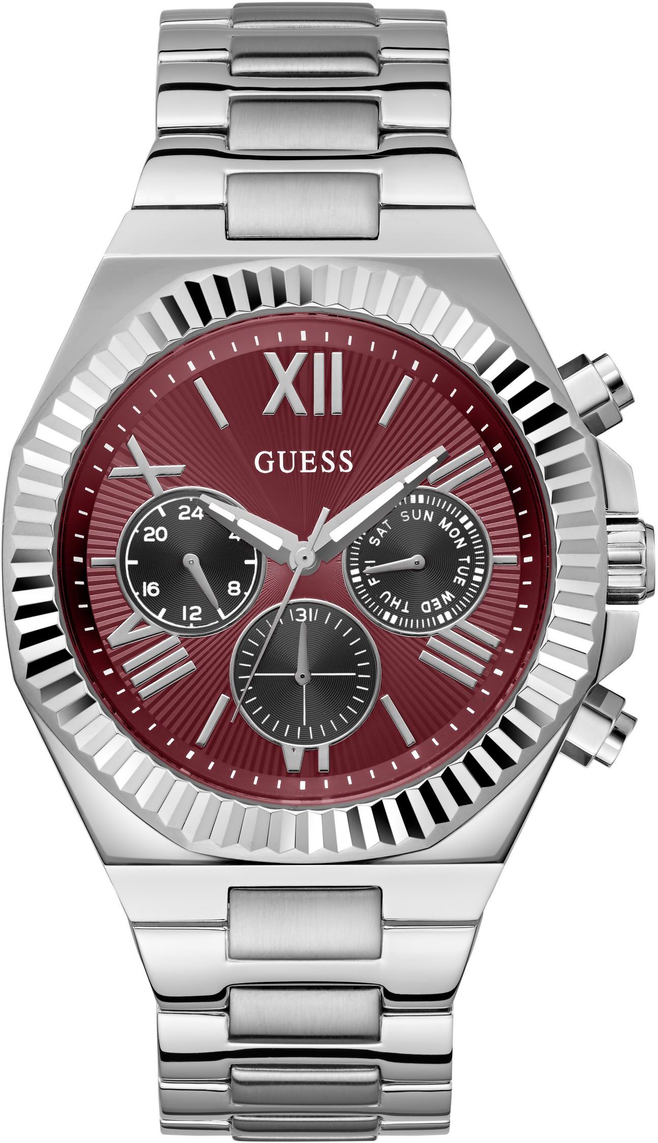 Multifunktionsuhr GUESS "GUESS-EQUITY", rot (silberfarben, weinrot), Armbanduhren, Herren, silberfarben, Multifunktionsuhr, Armbanduhr, Herrenuhr, Edelstahlarmband, analog, Wochentag, Tag