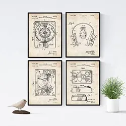 POSTER Set mit 4 Jahrgang Drehscheibe Patenten A4 Schwarzer Rahmen
