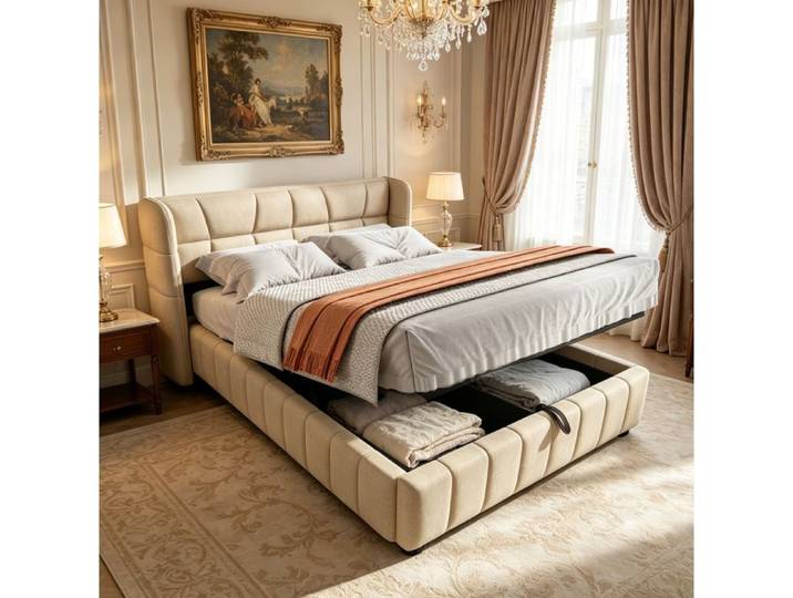 Lit coffre double 140×200 cm avec levage pneumatique et rangement sans matelas tissu beige - UVRION