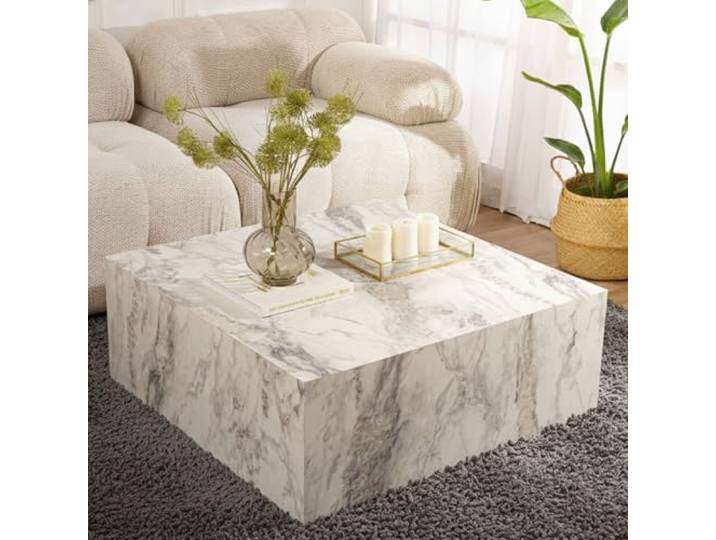 Dmora Couchtisch Lemina 90x90x35 cm Weiß, Schubladen, Fächer