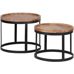 Beistelltisch-Set `Indi`: 2er Set, runde Tischplatten, Metallgestell, Massivholz, naturbelassen. Beige, 53x53x45 cm | Kadima Design