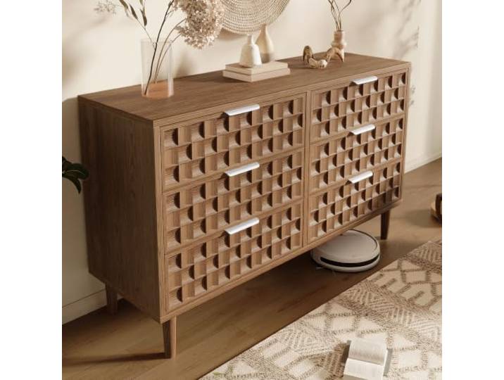 BXEYXE Sideboard 120x37x77 cm im Schokoladenwaffel-Design, Kommode in Eiche-Optik mit 6 Schubladen, Anrichte mit Metallgriffen, Mid-Century Mehrzweckschrank für Wohnzimmer, Schlafzimmer, Flur