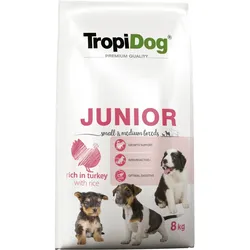 TROPIDOG Premium Junior Small und Medium Breeds reich an Lachs und Reis 8 kg + Überraschung für den Hund
