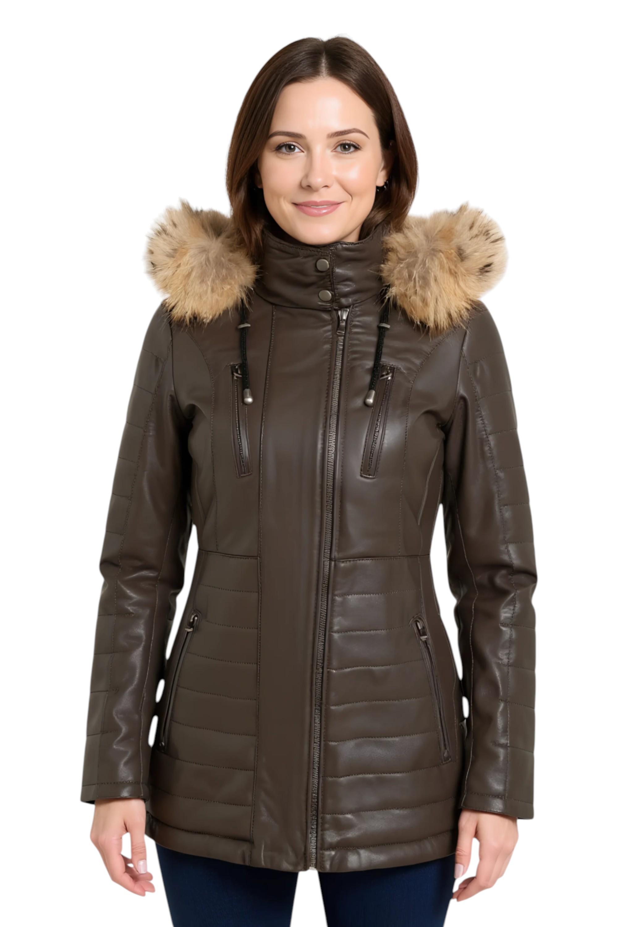 Dames Bruine Gewatteerde Leren Parka Jas - Bowen