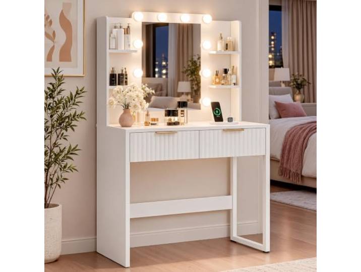 LEADZM Schminktisch mit Beleuchtung und Spiegel, Steckdose (Weiß） 85 x 40 x 135 cm, Massivholzkern, Feuchtigkeitsfest, Langlebig, Formstabil, 10 LED, 2 Schubladen, 4 Fächer, Vanity Table