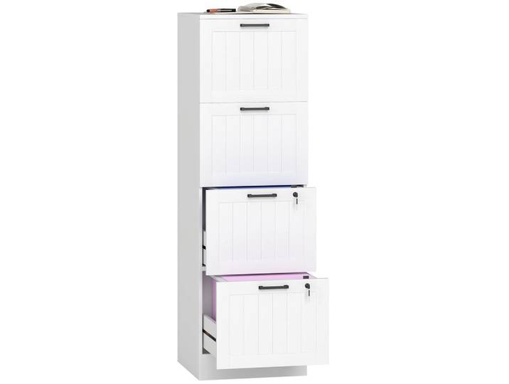 ComfortXL Aktenschrank De-14477 4 abschließbare Schubladen mit Hängeakten Weiß, 40x131x40 cm, Büromöbel, Büroschränke, Aktenschränke