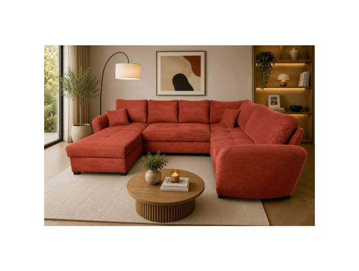 P & B Wohnlandschaft Sorina, Orange, Kunststoff, 6-Sitzer, Füllung: Polyurethan (PUR),Polyurethan (Pur), U-Form, 305x202 cm, Schlafen auf Sitzhöhe, Armteil links, rechts, Rücken echt, Wohnzimmer, Sofas & Couches, Wohnlandschaften, Wohnlandschaft U-Form