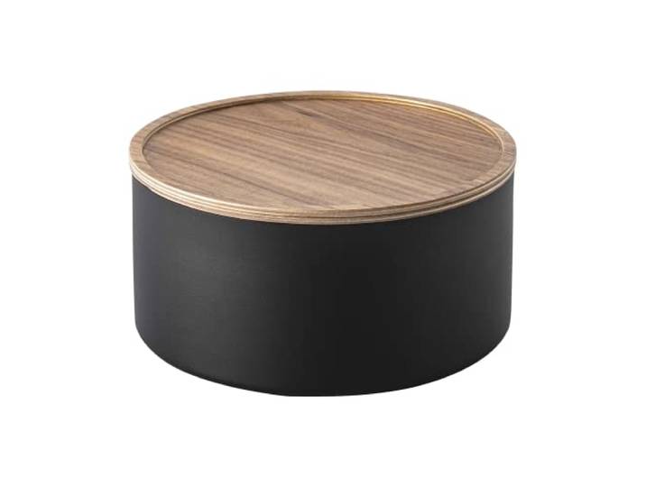 YAMAZAKI 5802 RIN Storage Case with Lid Round Deep, black, Steel/Wood, 22 x 22 x 11 cm