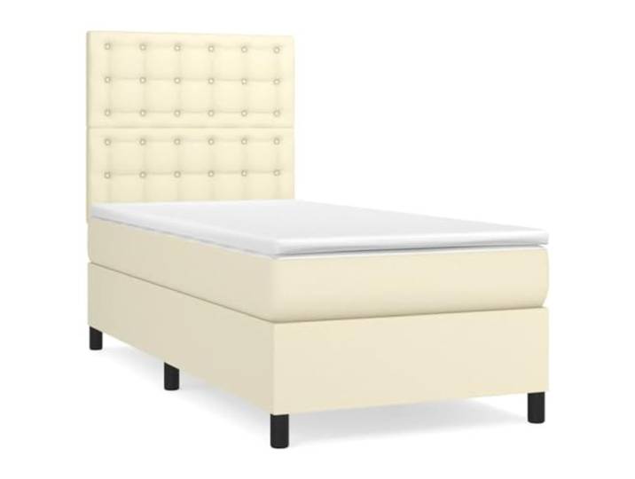 PUGYNBK Boxspringbett, 90 x 190 cm, Kunstleder, cremefarben Verstellbares Kopfteil, Taschenfederkernmatratze, mittlere Härte, leicht zu reinigen