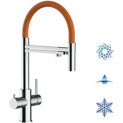 Kurzversion 47 cm - 5 Wege Wasserhahn Küchenarmatur, Edelstahl Massiv mit 360° schwenkbarem Auslauf, abnehmbare 2 strahl Handbrause, Hochglanz / Orange