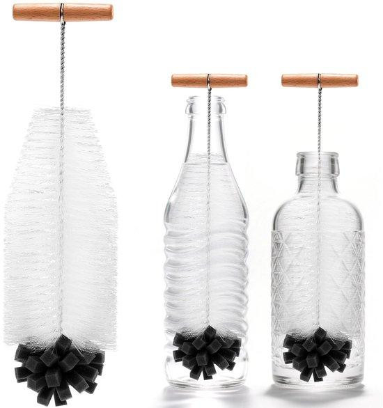 Unyqoos Lange flessenborstel met ergonomische houten handgreep en spons, 35 cm
