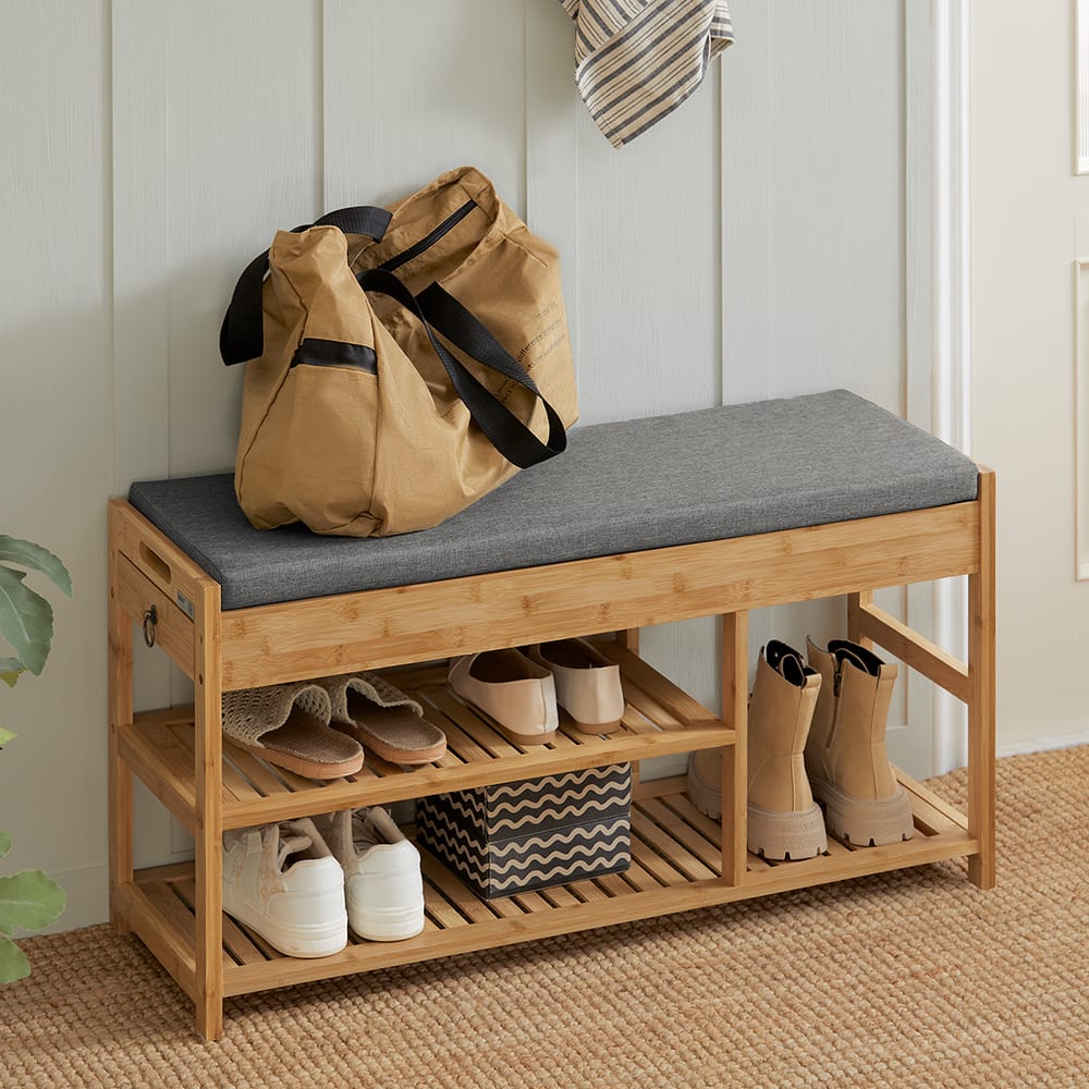 SoBuy Banc à chaussures avec 2 étages en bambou Beige 90x45x30cm