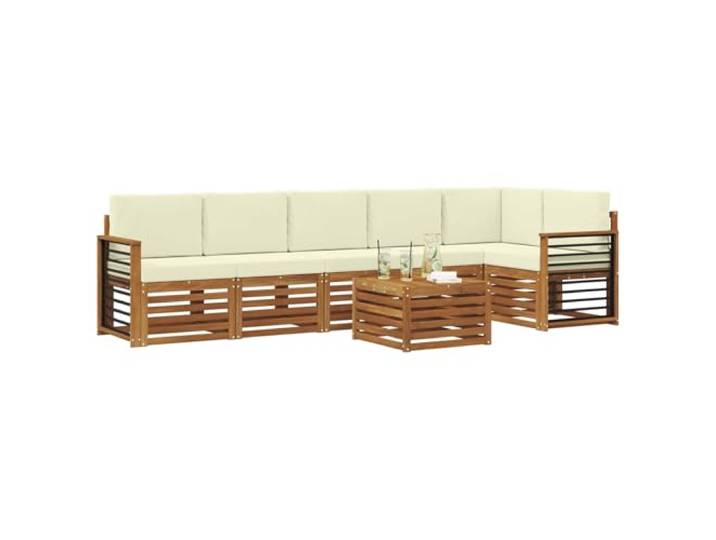 KTHLBRH 7-teiliges Sofa-Set aus natürlichem Akazienholz Modulares Modul für Garten, Terrasse, Pool, inklusive Kissen, Lattenrost-Design