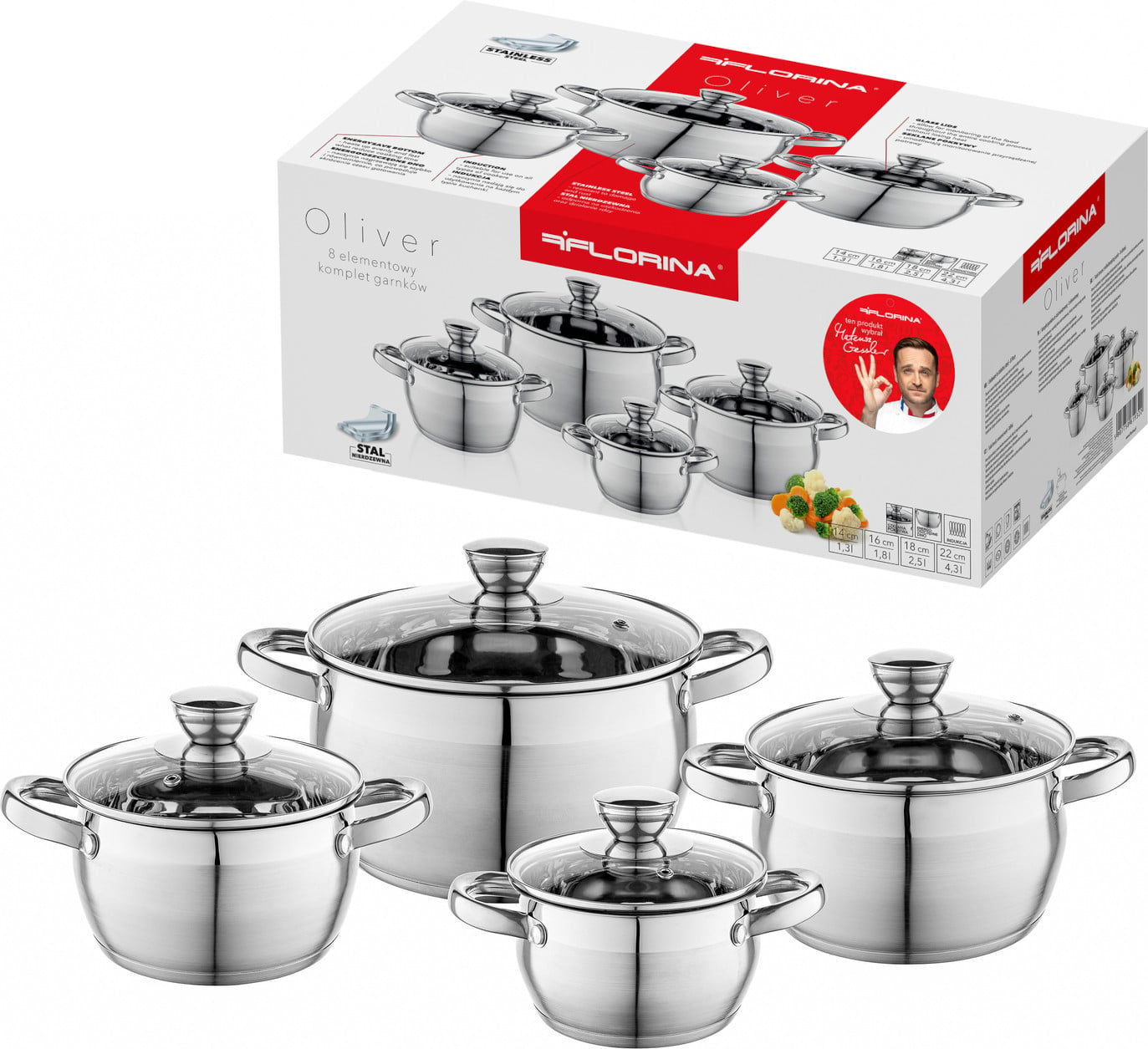 Florina 4-delige roestvrijstalen kookpotset met glazen deksels voor inductie