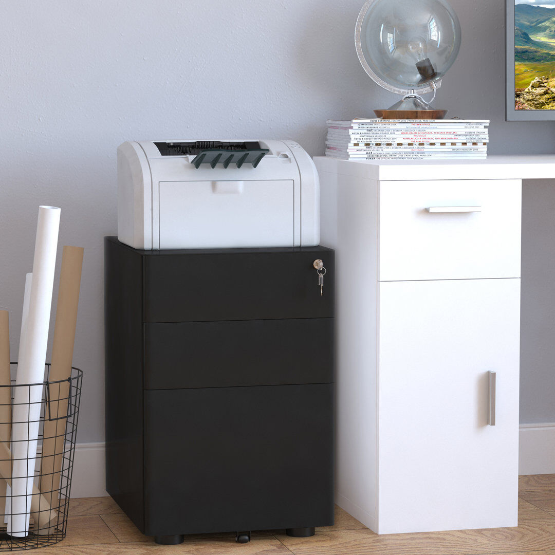 Zipcode Design Tukgahgo 3-Drawer Mobile Filing Cabinet Steel Lockable Black 59cm H X 39cm W X 48cm D