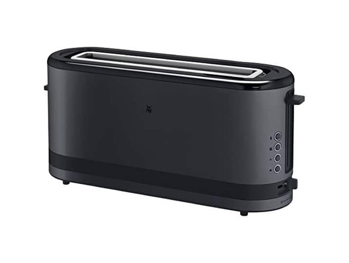 WMF Küchenminis Langschlitztoaster 2 Scheiben mit Brötchenaufsatz, Toaster schmal, XXL, Bagel-Funktion, 7 Bräunungsstufen, 900W, Toaster edelstahl matt, schwarz