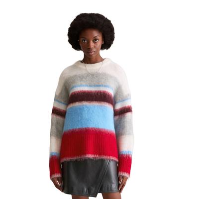 Strickpullover MARC O'POLO DENIM "aus flauschigem Wolle-Mohairwolle-Mix", Damen, Gr. M, sanftes weiß, Obermaterial: 36% Schurwolle, 31% Polyamid, 15% Polyester, 15% Mohair, 3% Elasthan, gestreift, Rundhals, Pullover Strickpullover