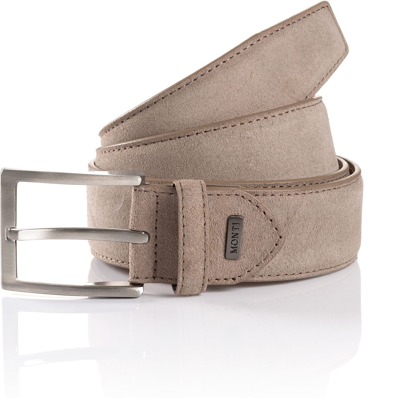 Ledergürtel MONTI "TORONTO", Herren, Gr. 120, grau (taupe), Rindsleder, Gürtel Ledergürtel, Veloursoptik, matt, elegant, weich, mit Logo taupe 120