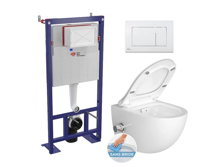 Pack WC bâti-autoportant + WC sans bride SAT Infinitio avec fonction bidet thermostatique + Abattant softclose + Plaque blanche