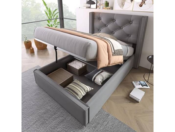 Elaimoros Hydraulisch Einzelbett Polsterbett 90x200cm,Bett mit Lattenrost aus Metallrahmen, Modernes Bettgestell mit Stauraum, Baumwolle, Grau