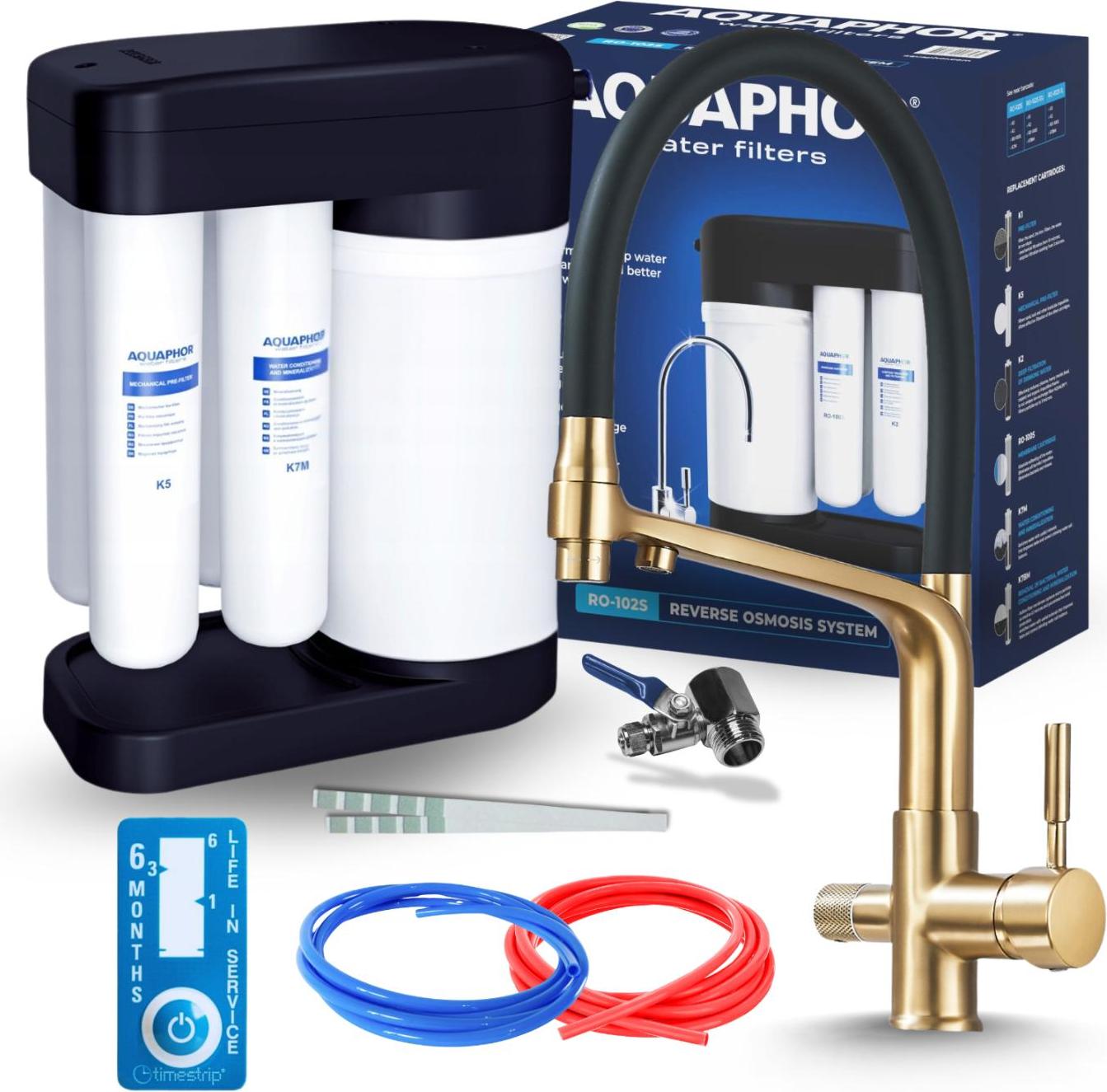 Wasserfilter Set Morion mit 3-Wege Küchenarmatur, Ausziehbare Brause, 360° schwenkbar, Gold