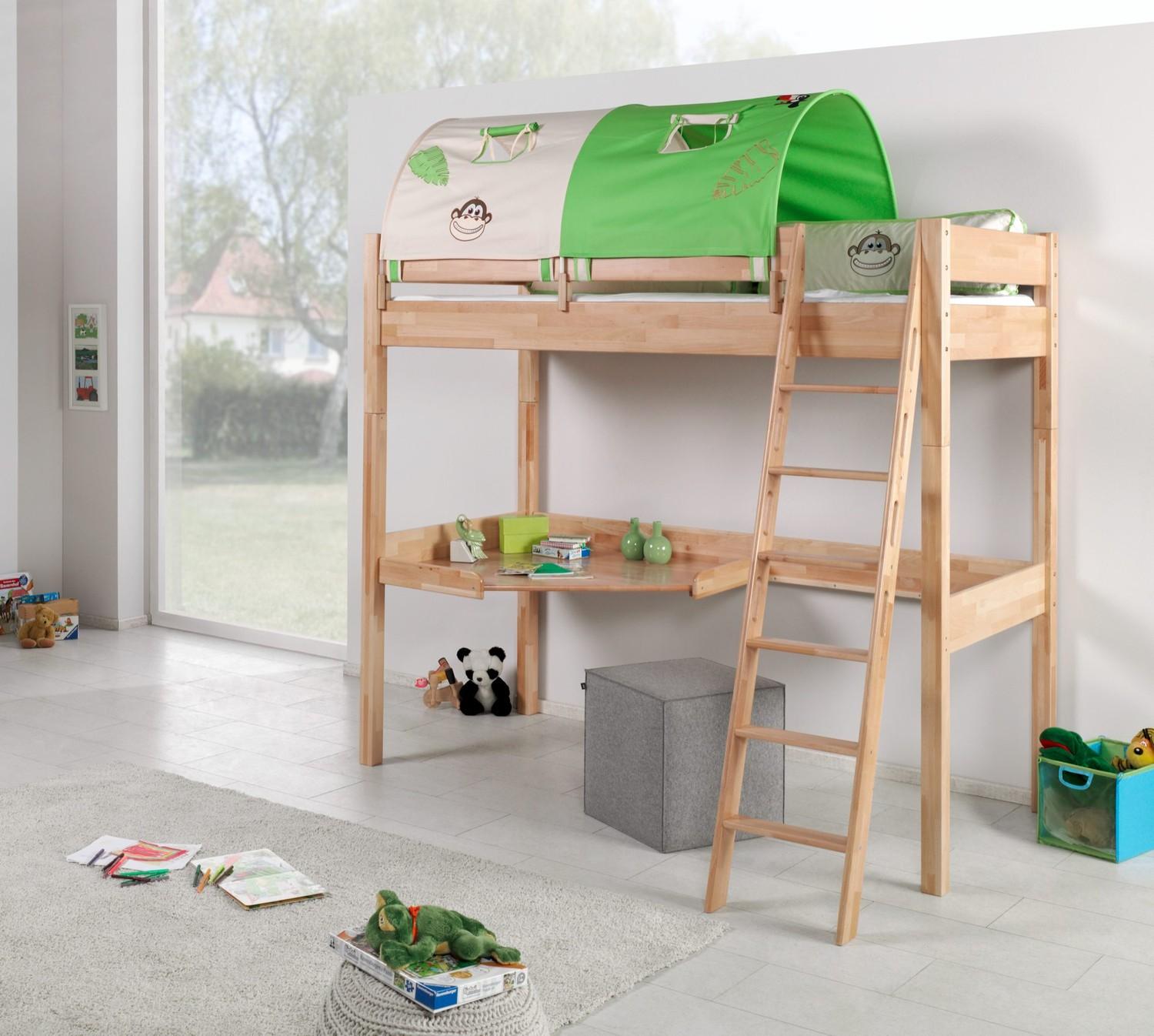 Hochbett Renate Buche Massiv Natur lackiert mit Schreibtisch und Textilset