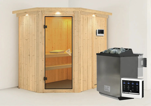Elementsauna Karibu Carina inkl. 9 kW -Ofen und externe Steuerung mit Dachkranz und bronzierter Ganzglastüre