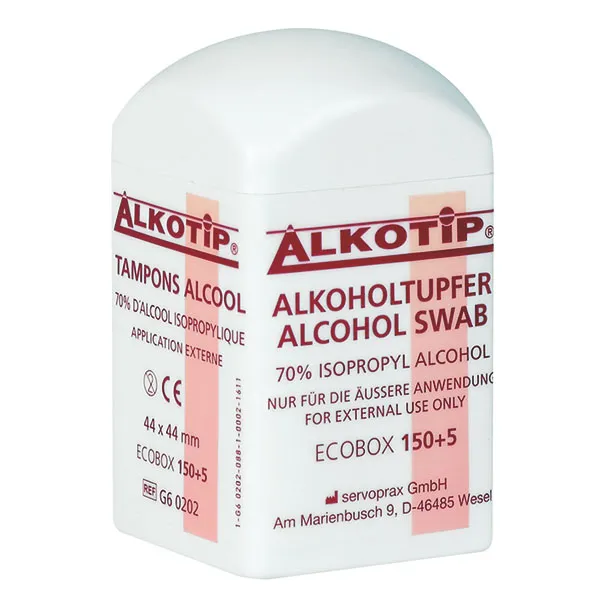 Servoprax GmbH Alkotip Alkoholtupfer im praktischen Tupferdispenser, 4,4 x 4,4 cm, einzeln entnehmbar (150 +5 Stück) G60202