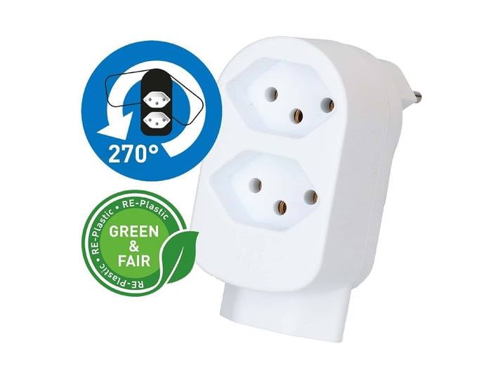 Max Hauri Abzweigstecker Adapt 2+1x Typ 13 weiss drehbar Green+Fair