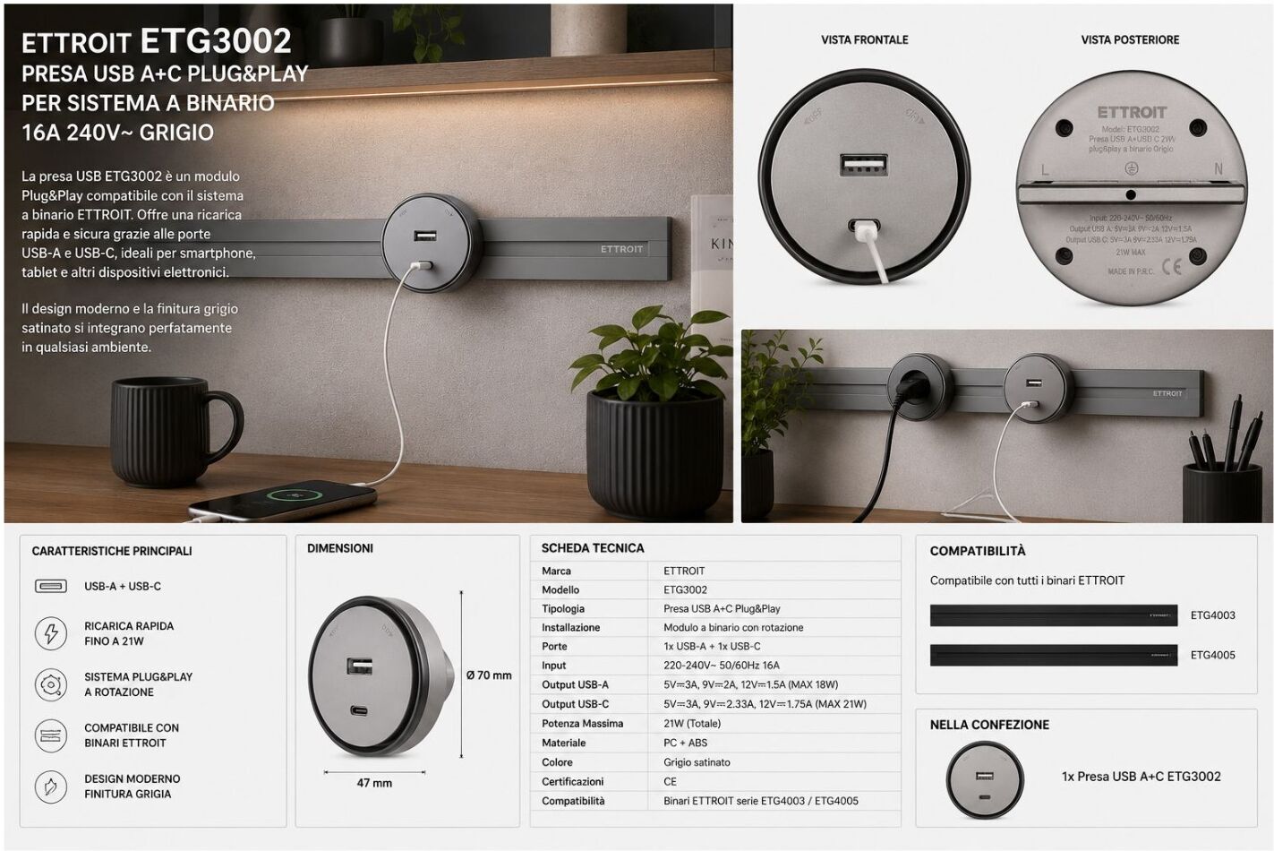 Ettroit Presa Usb-A + Usb-C 12w Plug&play Per Sistema A Binario Grigio Etg3002