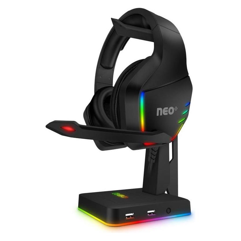 Connect IT NEO Stand-It RGB Kopfhörerständer schwarz / 2x USB-A / RGB LED-Hintergrundbeleuchtung (CHX-3590-BK)