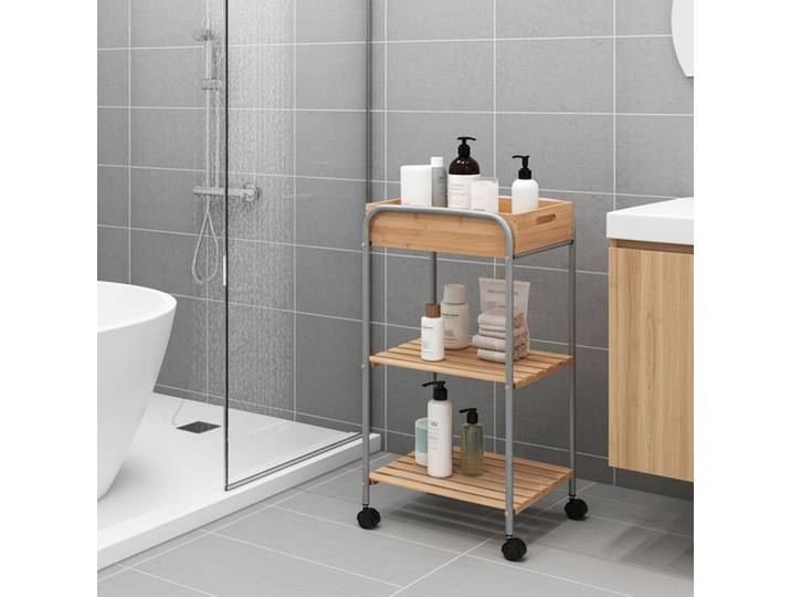 Badezimmer-Trolley, Bambus & Metall, 4 Rollen, Kiste zum Abnehmen, 30 x 40 x 81 cm