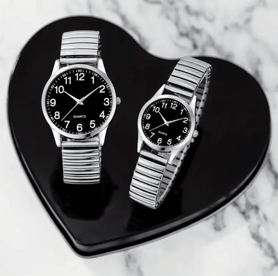 Uplift Curations Black Arabic Numeral Couple Watch Set Elastic Band Quartz Watches For Men And Women woman