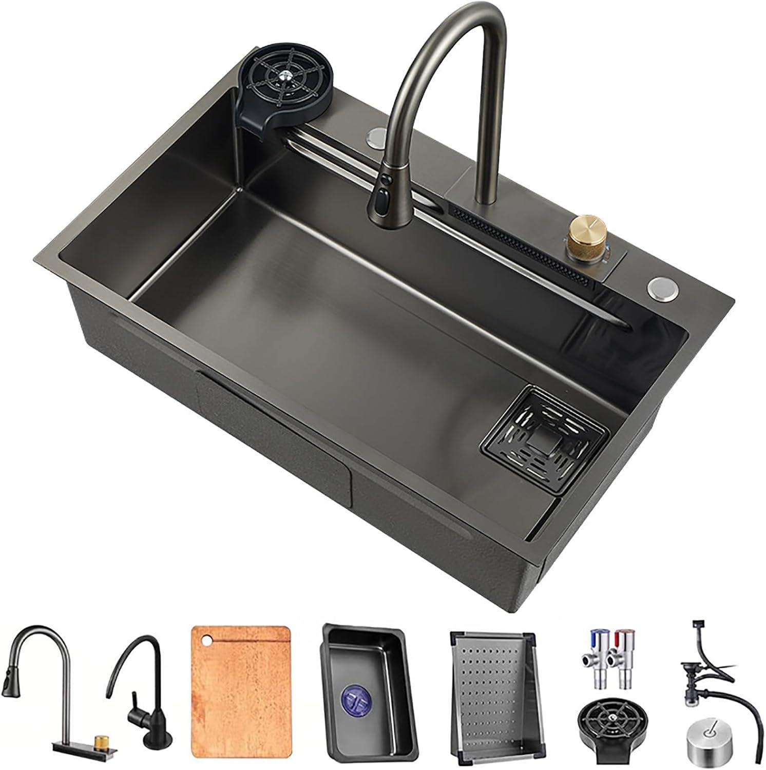Küchenspüle, Edelstahl-Wasserfall-Küchenspülen-Set, Waschen, Abtropfen Und Schneiden, 3-in-1-Waschbecken, Bauernspüle, Mit Mehreren Zubehörteilen (Color: Black-gray, S: 75x45x22cm)