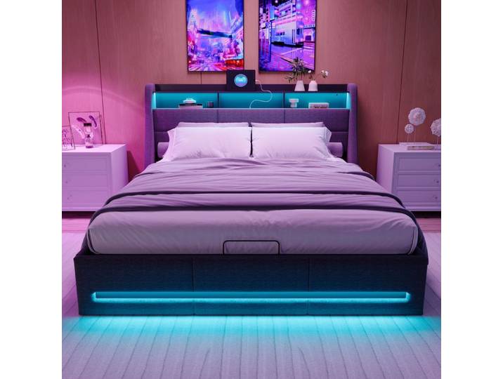 Lit Coffre 160x200 avec Led Lit Rembourré avec Port De Chargement USB Lit Rembourré Led Hydraulique Lit Capitonné avec Coffre Lin