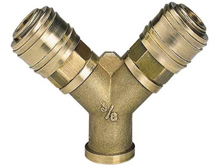 Originele Einhell verdeler (compressor-accessoires, 2-voudige persluchtverdeler, 2x snelkoppeling, R 3/8 inch binnendraad, van messing)