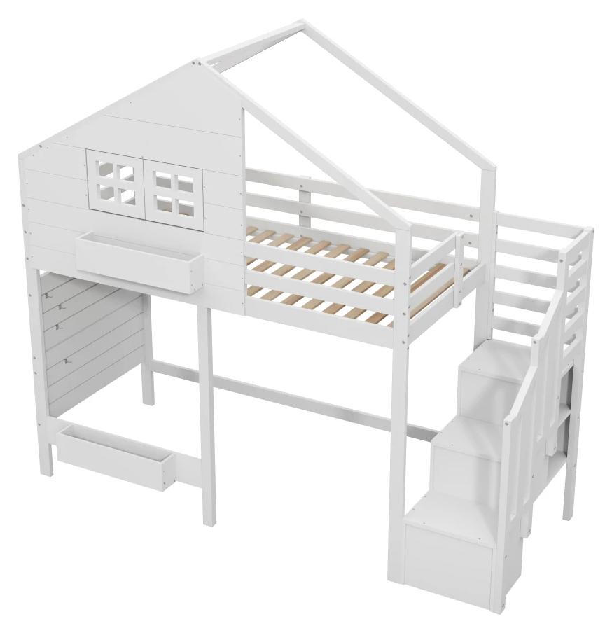 Kinder-Etagenbett - 90 x 200 cm - Kiefernholz - Rausfallschutz - Stauraumtreppe - Fenster - Weiß