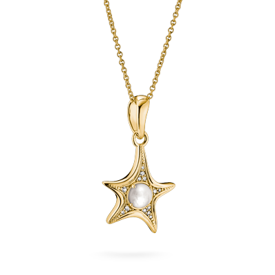 Kette mit Anhänger THOMAS SABO "Fluid Elegance Seestern-Design-Kette" Gr. 55, gold (gelbgoldfarben, kristallweiß, weiß), Halsketten, Damen, 55, Metall, mit Zirkonia (synth.) - mit Perlmutt