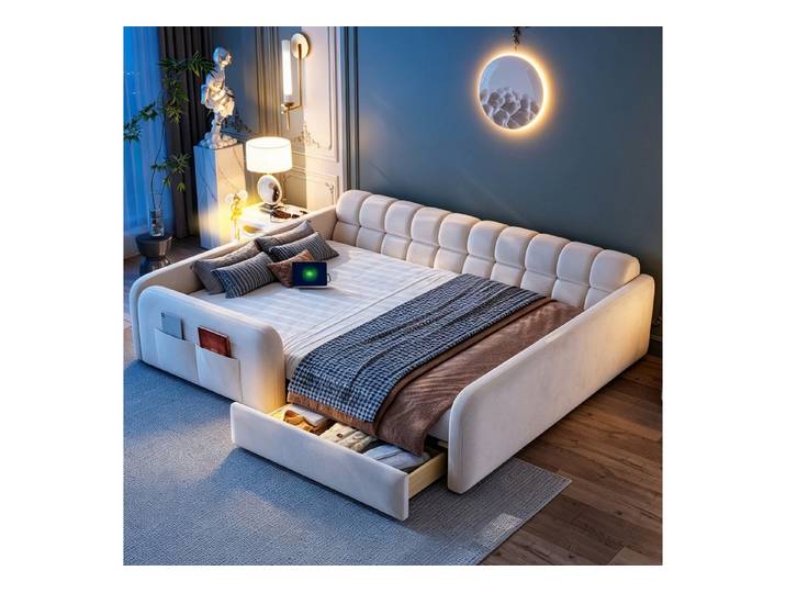 i@home Kinderbett Gepolstertes Kinderbett 140 x 200 cm Beige, Samt Plattform Bettgestell (Sofa-Kopfteil,Kinderbett für Jungen- und Mädchenzimmer), mit hohe Sicherheitsgeländer,Ladeanschluss,Schublade & Nachtlicht