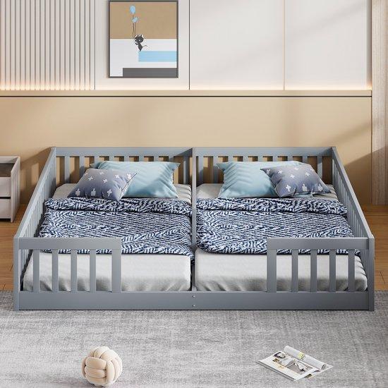 Kinderbett mit Lattenrost - 90x200 cm - Aus Kiefernholz und MDF - Grau - Für zwei Kinder