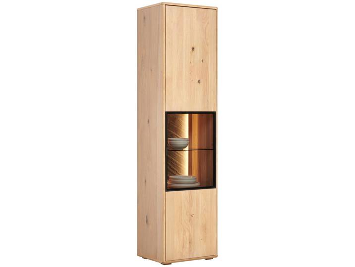 Linea Natura Vitrine, Eiche Bianco, Holz, Glas, Eiche,Eiche,Eiche,Eiche, furniert, massiv, 6 Fächer, 50.1x197.6x42 cm, Beleuchtung, stehend, Wohnzimmer, Wohnwände, Vitrinenschränke